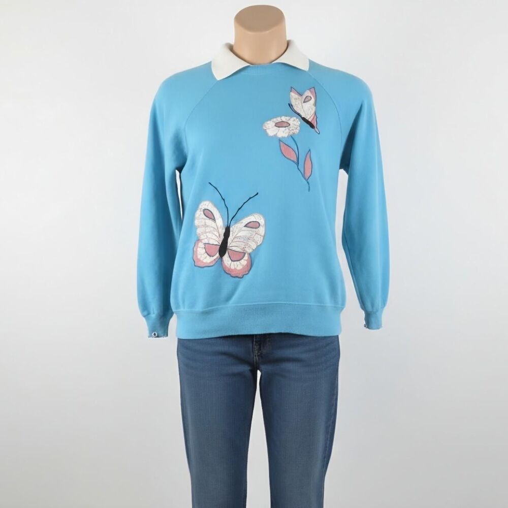 80s Embroidered Patchwork Butterfly Collared Ruff… - image 1